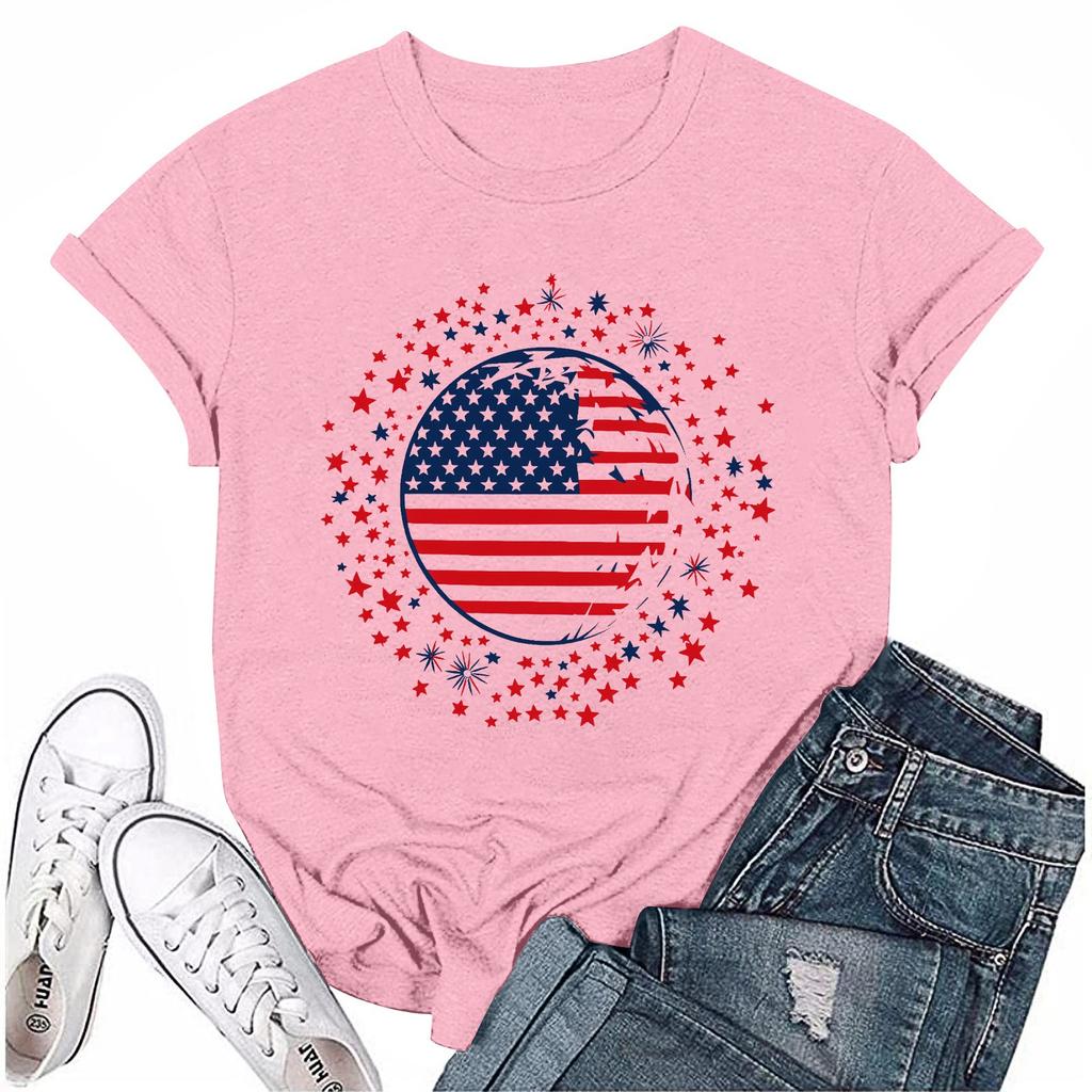 Women's Round Neck Casual Independence Day Printed Short Sleeve T-Shirt Top