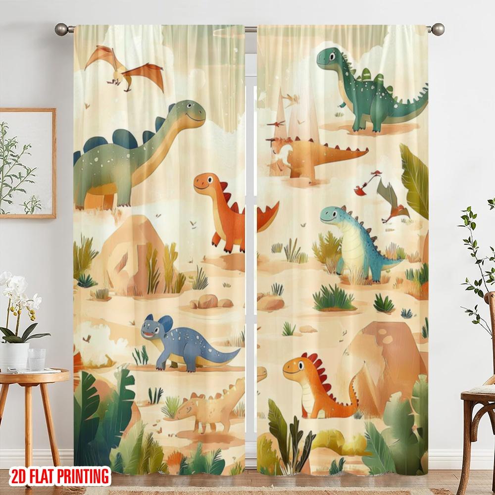 2pcs,2D Plane Printing Curtain Popular Dino Wonderland Durable 100% Polyester Fabric (without Rod) Art Deco Festive for Living