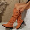 New large size autumn and winter pleated flat-bottomed western cowboy boots women's belt buckle boots thick heel thin long tube