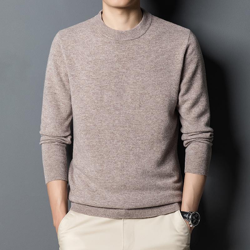 Men s 2025 Autumn/Winter Pure Wool Round Neck Sweater - Solid Color Knit XL