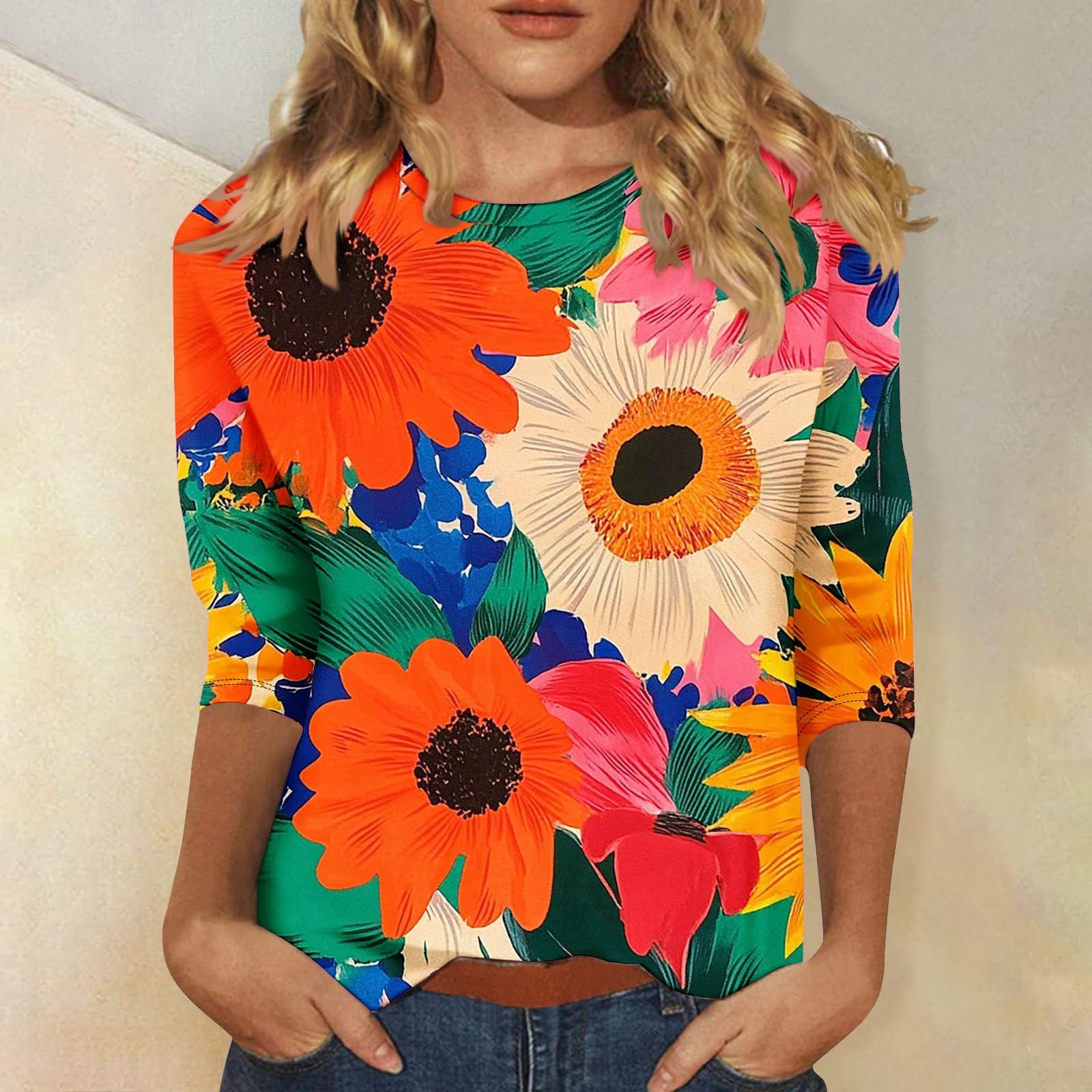 Женская мода повседневная три четверти рукава цветочный принт горловина топ L