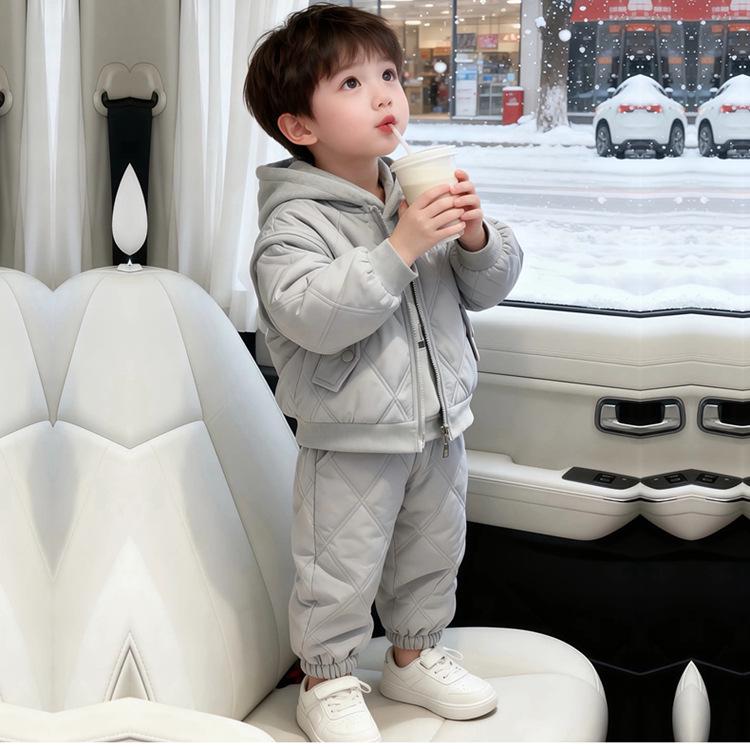 Children's Fleece-Lined Hoodie Set: Padded Vest, Cotton Pants, Baby Outerwear for Autumn & Winter