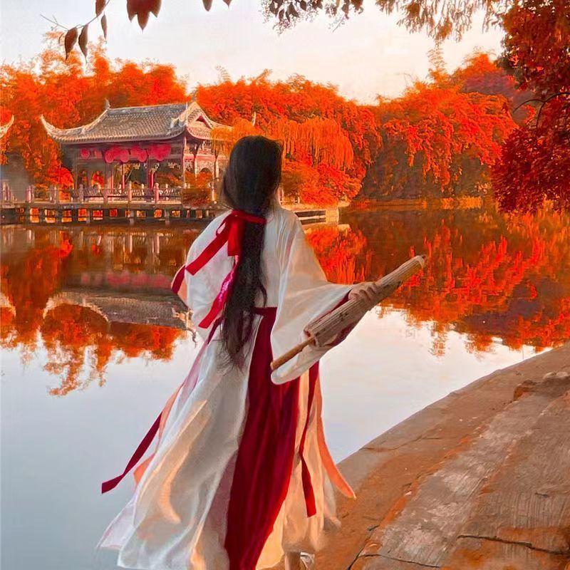 Hanfu Damenanzug, chinesischer Wei- und Jin-Dynastie-Stil, Kreuzkragen, Taillenlänge, Fee, 2-teiliges Set