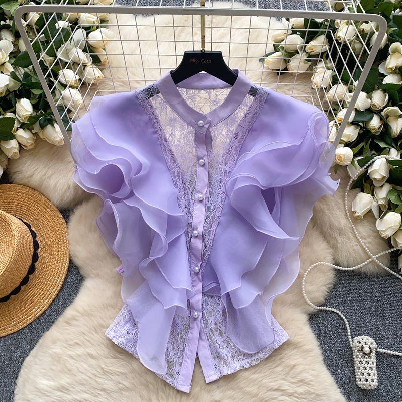 

Light Luxury Socialite Fashionable Design Sense Three-Dimensional Frill Patchwork Lace blouse Women Summer French style Versatile Thin Top Purple One size