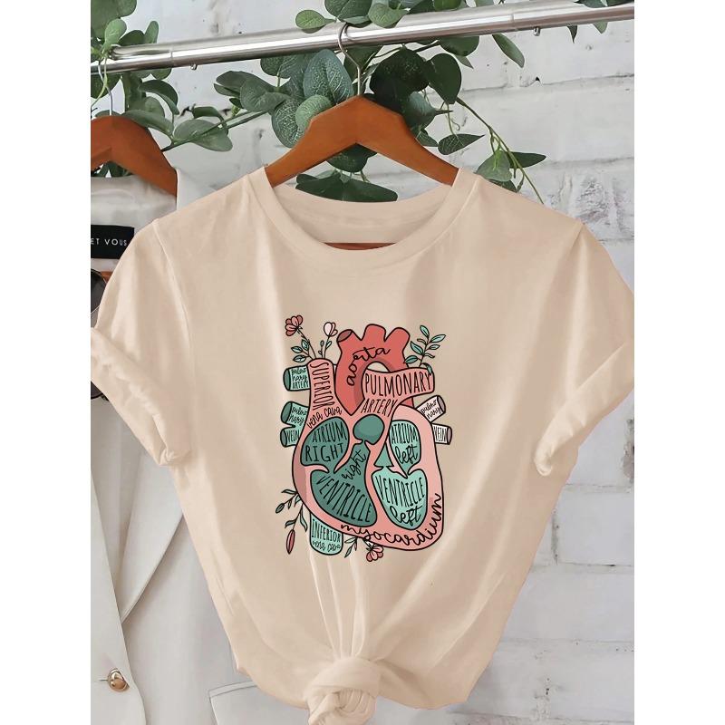 Women'S Casual Crew Neck T-Shirt with Pulmonary System Design - Short Sleeve, Machine Washable, Summer Fashion Top with Illustration,