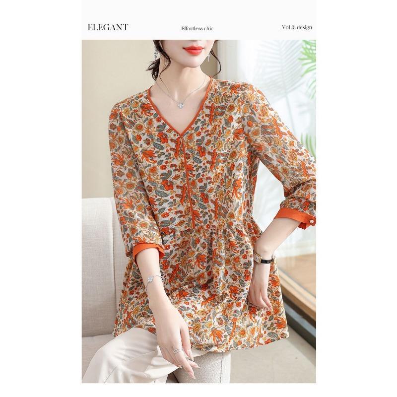 Womens Orange Floral Print V Neck Long Sleeve Blouse