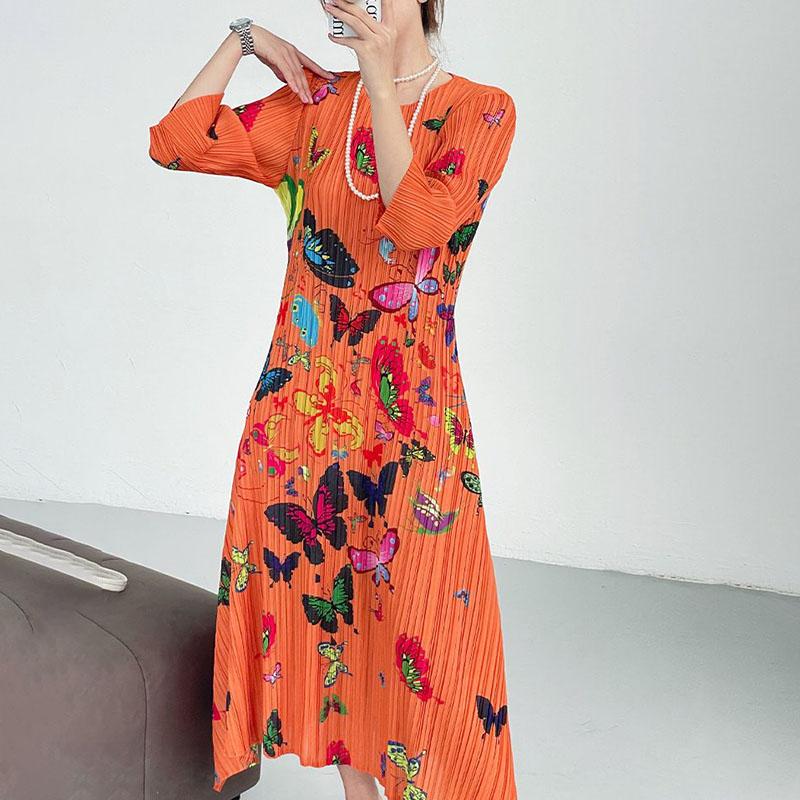 

Весна Осень Женское Платье с Принтом Тонкое Длинное Плиссированное Платье Эластичное Длинное Платье с Круглым Вырезом one size оранжевый