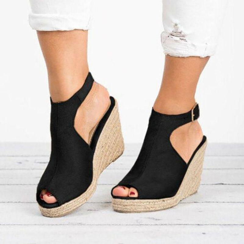 Elegant Women's Sandals Casual Wedges Heel Straw Platform Peep Toe Ladies Buckle Shoes