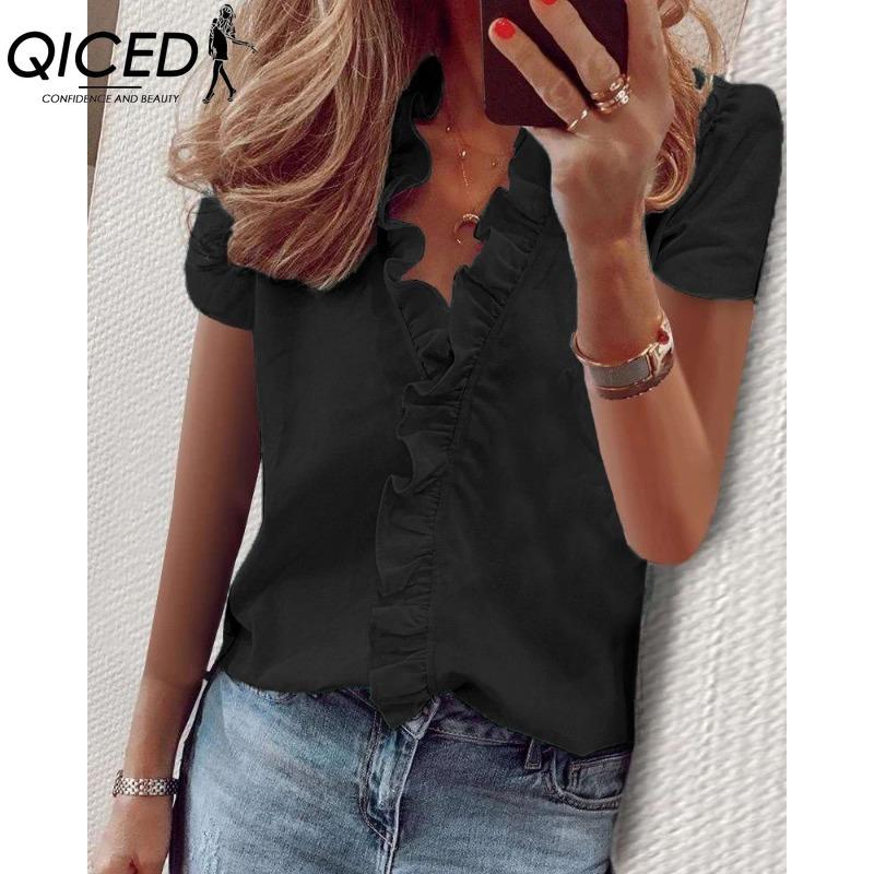 QICED Blusas y camisas de manga corta con cuello en V y estampado de color sólido informal a la moda para mujer