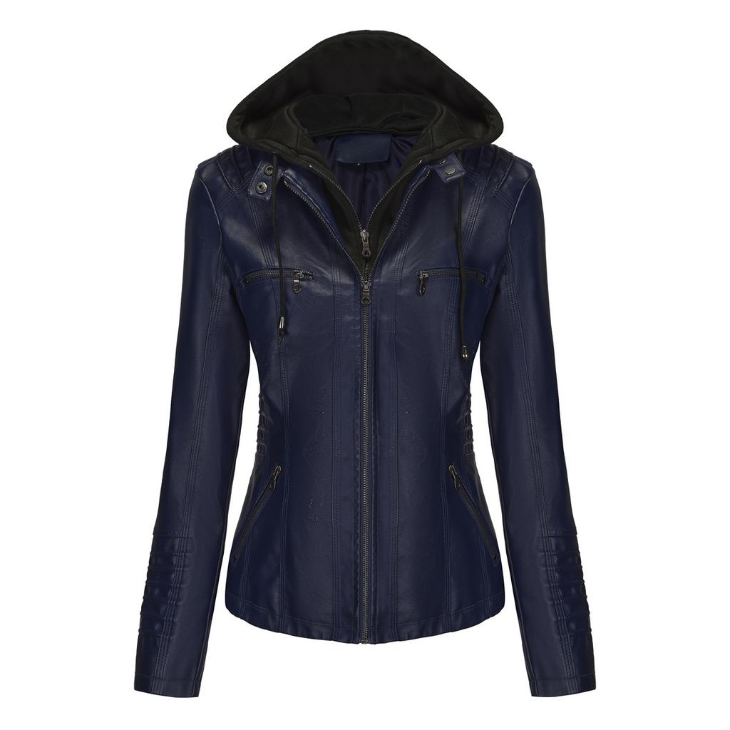 Spring Autumn Women's Faux Leather Coats Hooded Removable Zipper Jacket Female Pocket Pure Color Motorcycle Jacket
