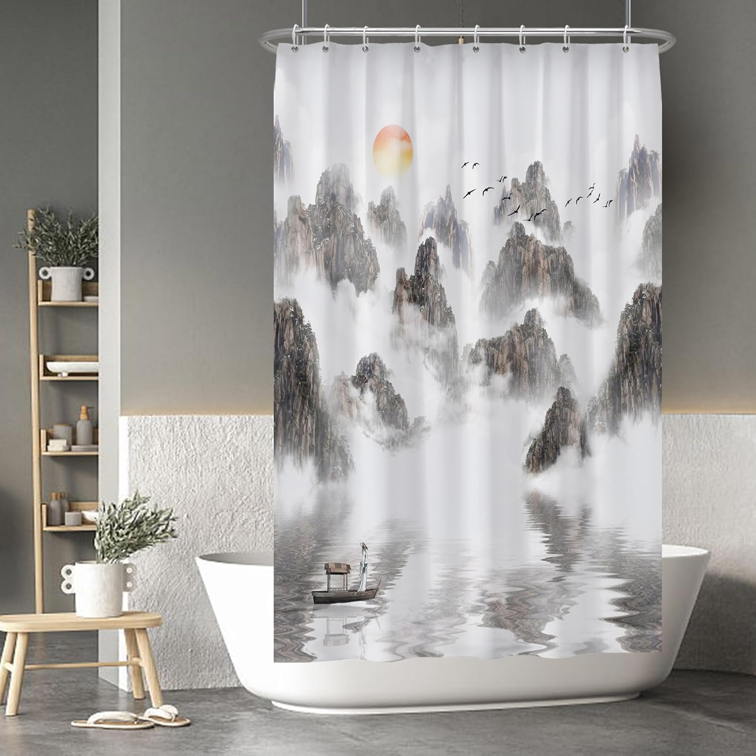 

Baocicoo Chinese Ink Painting Shower Curtain Sets Sunrise Sea Of Clouds Asian Mountain Landscape Shower Curtains For Bathroom Te W60H190(CM)-1 Pcs
