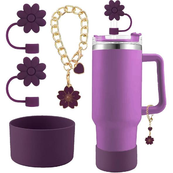 Accessories for Stanley Cup Set,2Pcs Flower Straw Cover Caps 10mm Reble Brown Straw Toppers,1Pcs Cute Handle Charm and 1Pcs Silicone Boot Sleeve for