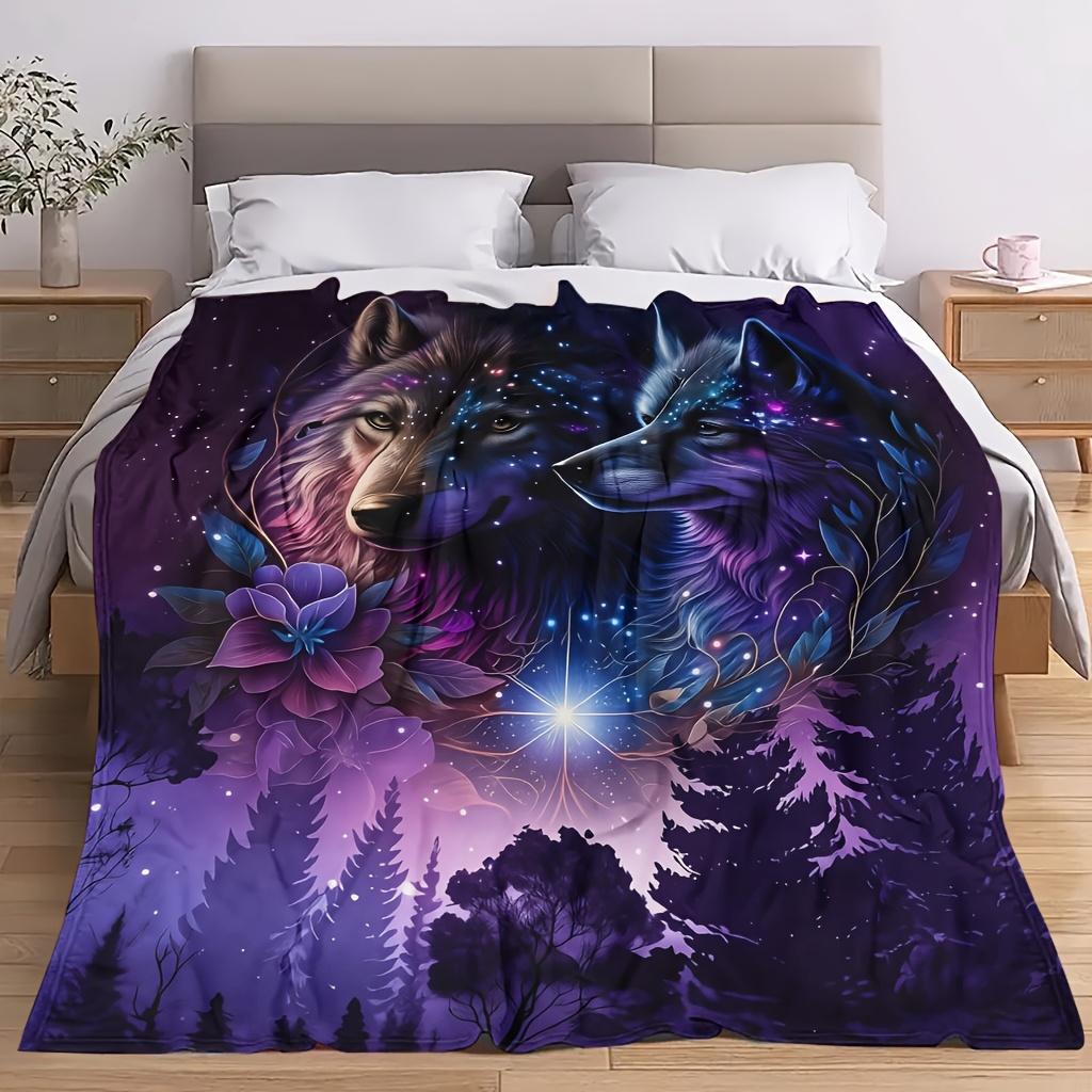 A Cozy Fleece Blanket Featuring a Wolf And Starry Sky Design, Soft High-Definition Digital Printing, Cooling Blanket Suitable for All Seasons, a Perfe