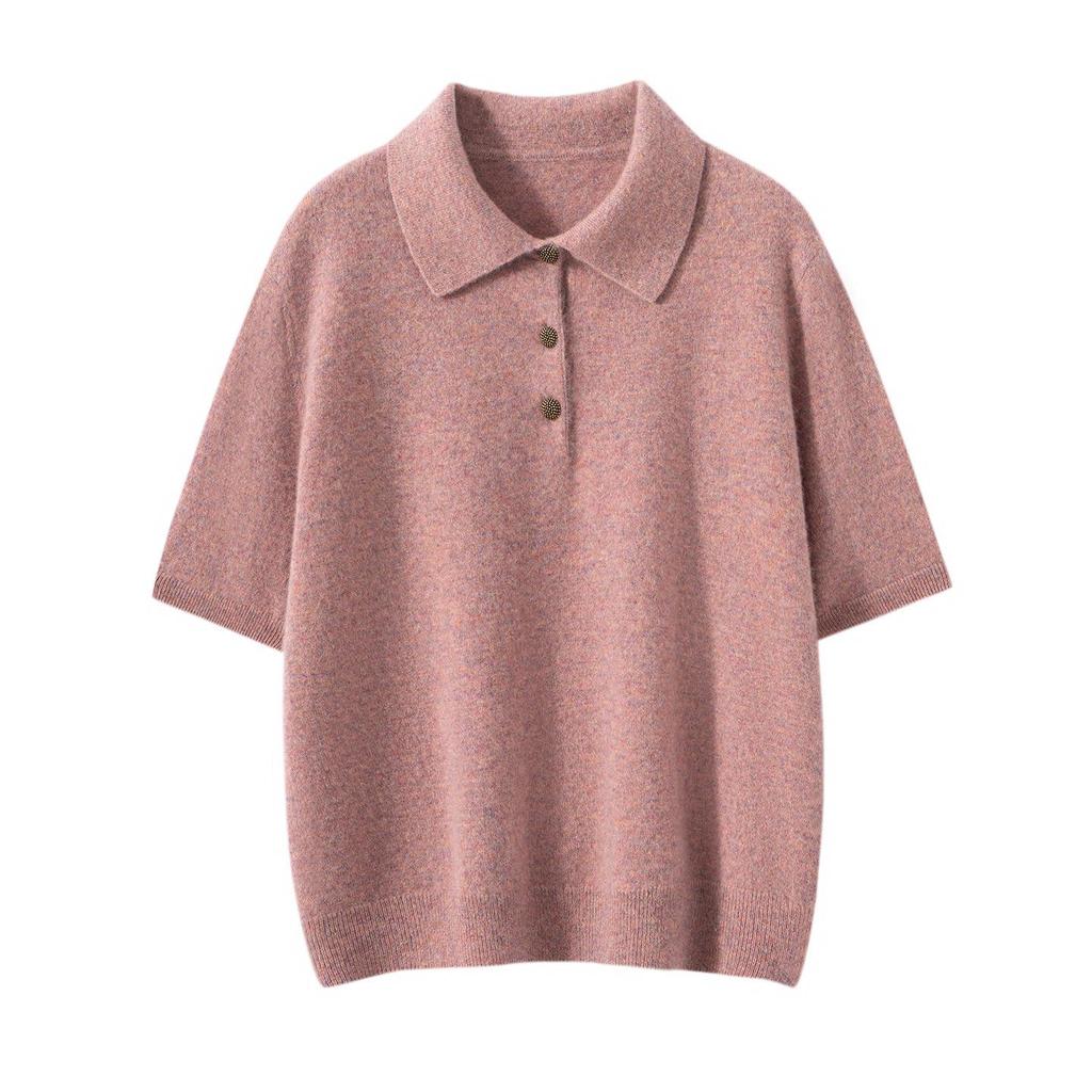 Women's 100% Cashmere Polo Neck Loose Knit Short Sleeve Sweater - Autumn/Winter New Style