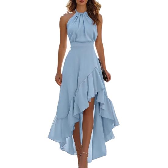 Yousheng Women Cocktail Party Dress, Halter Sleeveless Flowy Long Dress, Ruffled Irregular High Low Wedding Guest Dress