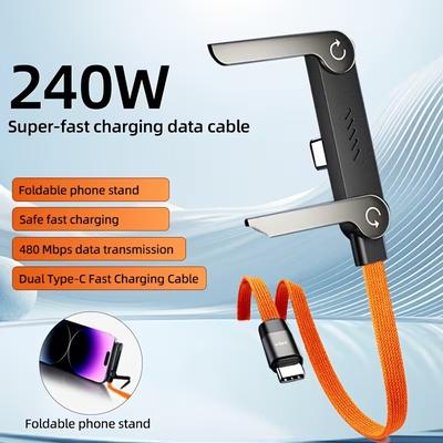Right Angle USB C To Type-C Cable 240W High-speed Charging Data Line with Built-in Phone Stand for IPhone Samsung Xiaomi