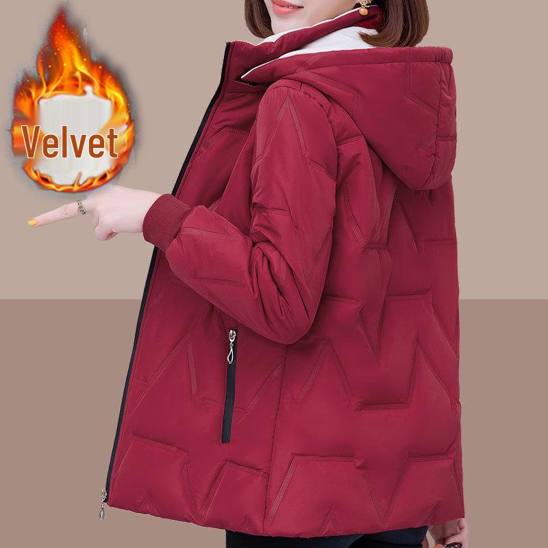 

Женская зимняя хлопковая куртка на флисовой подкладке 2024: Теплый, Утепленный, Короткий Стиль для Вьетнамского Нового года 4XL вино красного