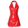 Dámské lesklé bodycon mini šaty z PU kůže s límečkem, výstřihem do V, na zádech bez zad, se rozparkem na lemu, do nočního klubu