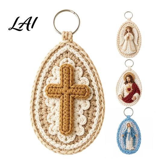 Ciondolo Religioso Artigianale Uncinetto Fatto a Mano Portachiavi Mariano Vergine Maria con Filato Morbido Portachiavi Filo Blu Bianco Cattolico Cristiano Ispirazionale