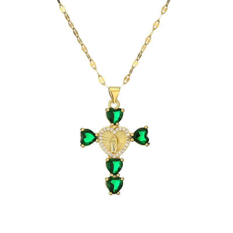 Gold-Plated Multi-Color Zirconia Cross Necklace with Full Diamond Design