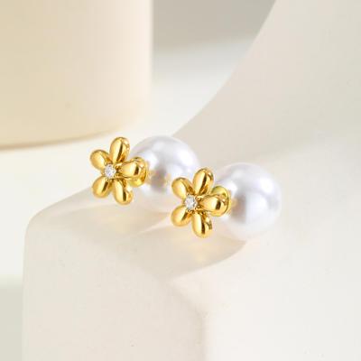 Zircon Flower Imitation Pearl Earrings for Women, Stainless Steel Gold Plated Stud Earrings, Fashion Waterproof Daily Jewelry