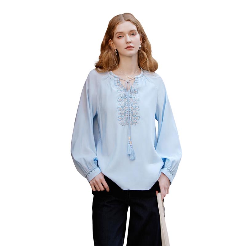 Xiangying Women s Bohemian Embroidered Long-Sleeve Blouse M