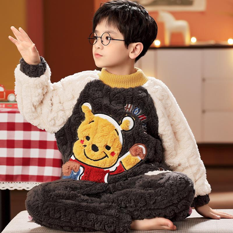 Kids Flannel Pajamas Set Boys Girls Warm Long Sleeve Top And Pants Sleepwear Winter Home Nightwear