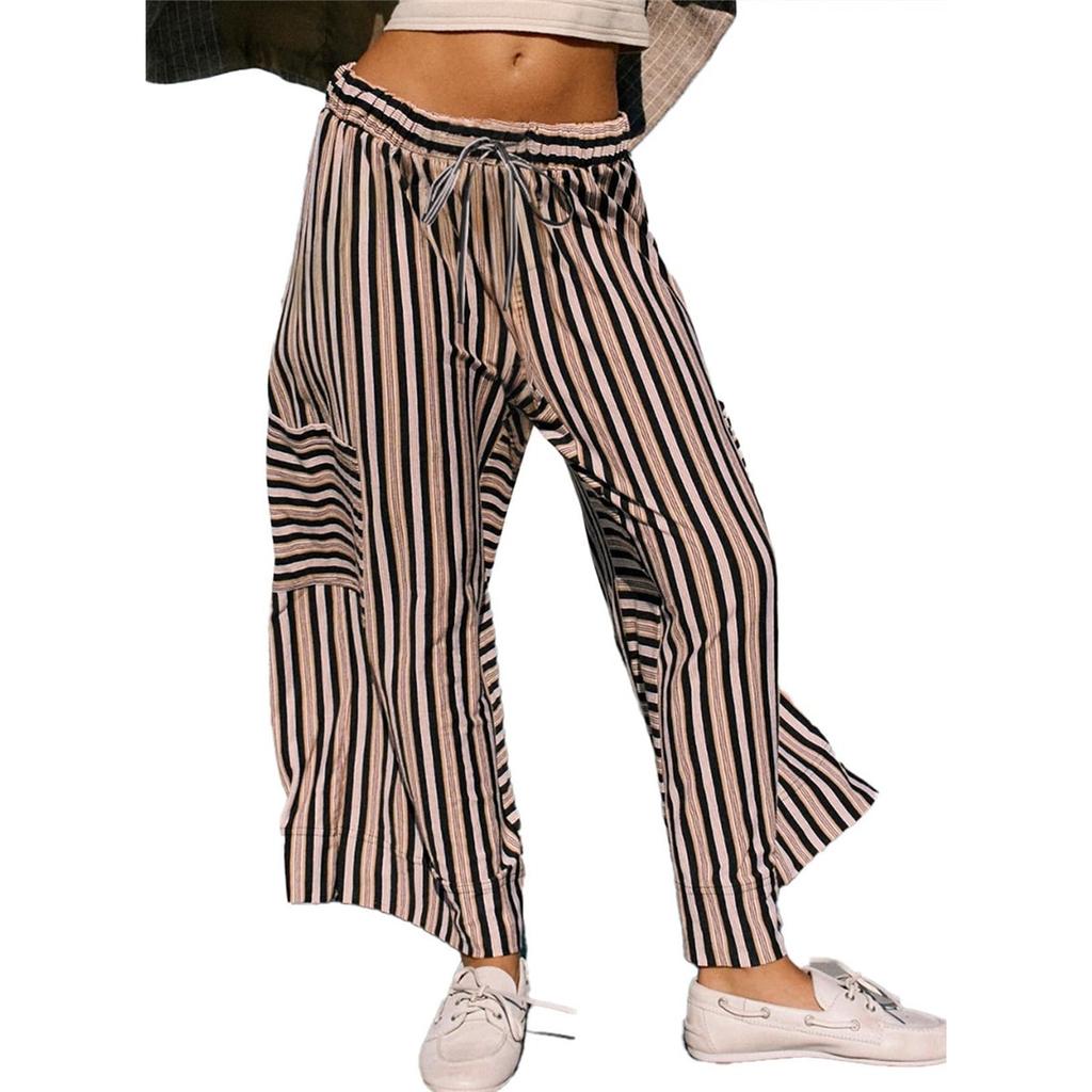 Women's pants summer striped straight pants drawstring wide-leg beach casual pants