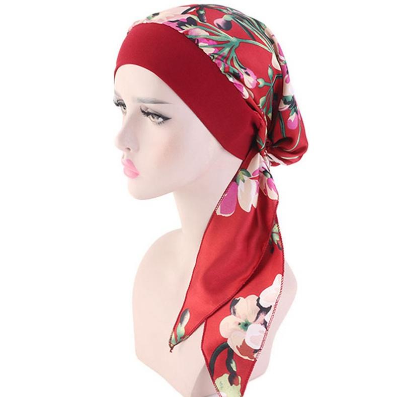Imitação de seda turbante chapéu moda personalidade elástica bandana malha flor impressão chapéu