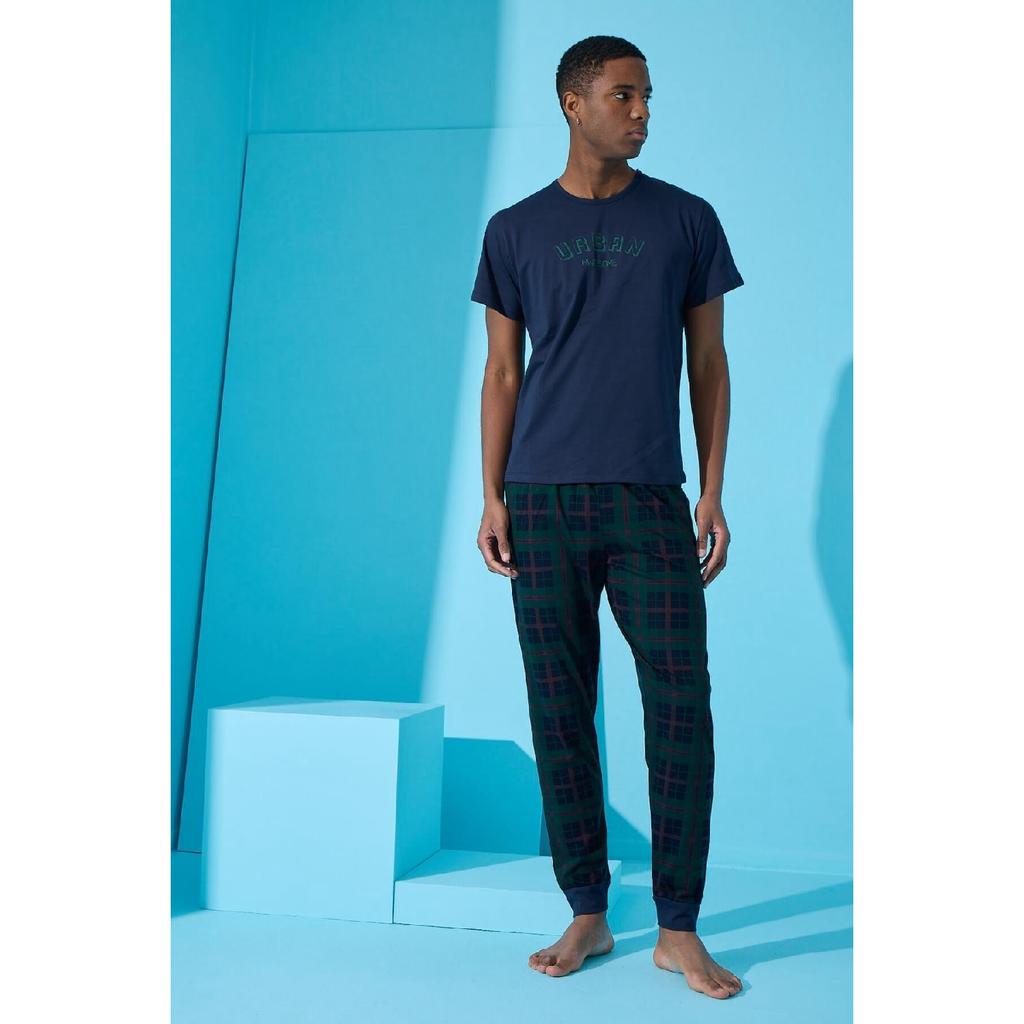 Marineblaues, kurzärmliges Herren-Pyjama-Set mit Urban-Print