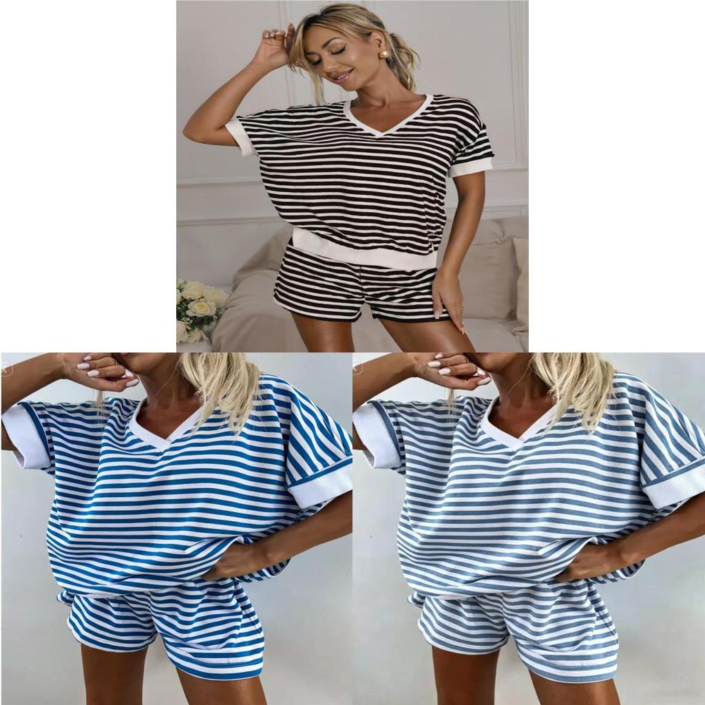 Womens Striped Knit Sweatshirt And High Waist Shorts Set With Patching For Casual Summer Wear