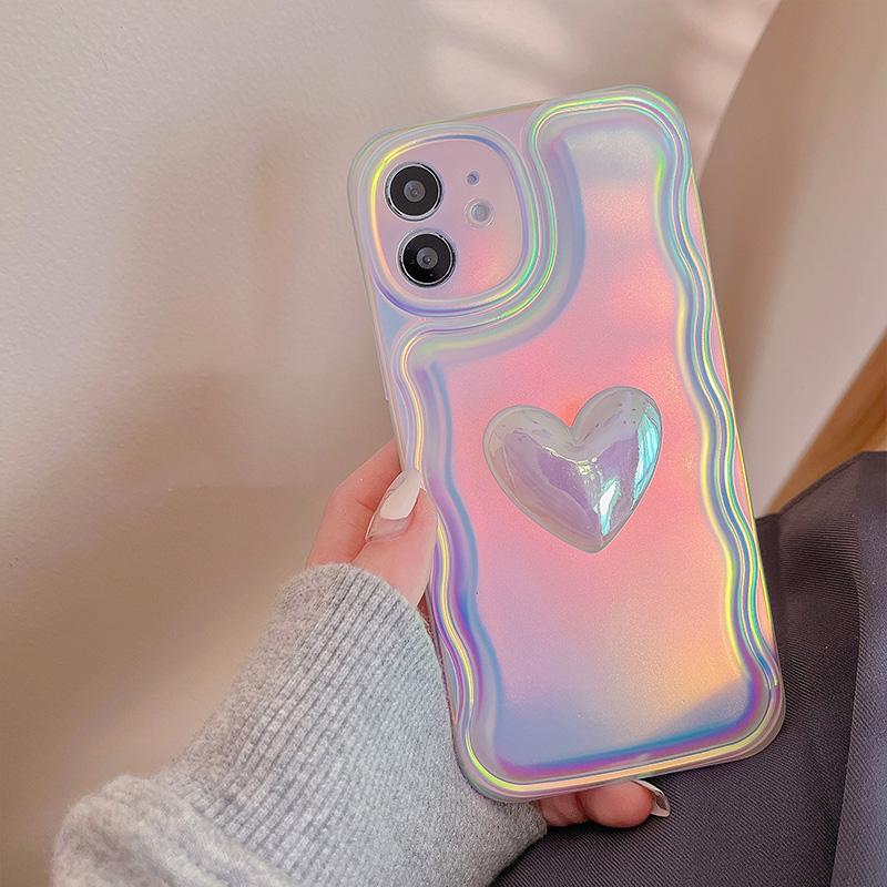 Husă de telefon de lux cu laser 3d Love Heart Wave Edge pentru Iphone 13 12 11 Pro Xs Max X Xr Husă din spate moale, elegantă Aurora, rezistentă la șocuri