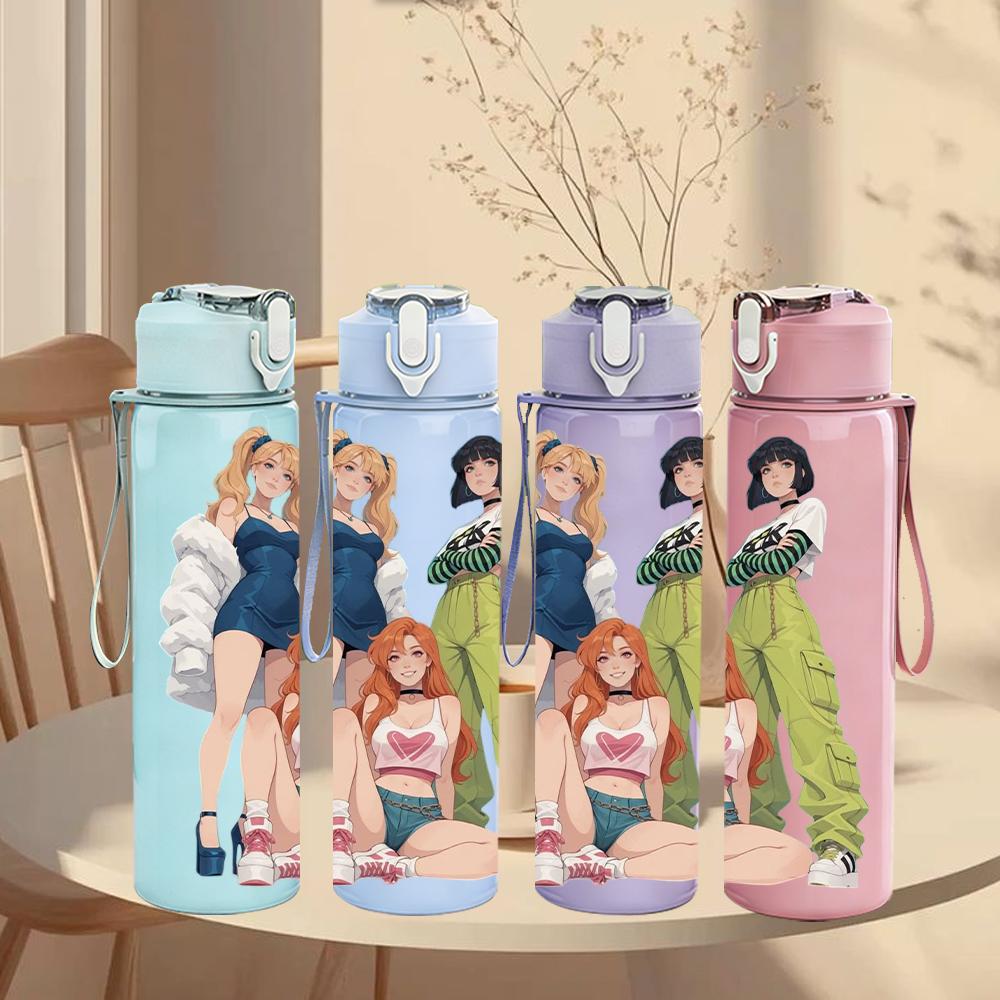 1PC Four Fashion Ladies Character 750ml Color Plastic Sports Water Bottle Leakproof Flip Straw Lid Suitable for Sports Office Home Use