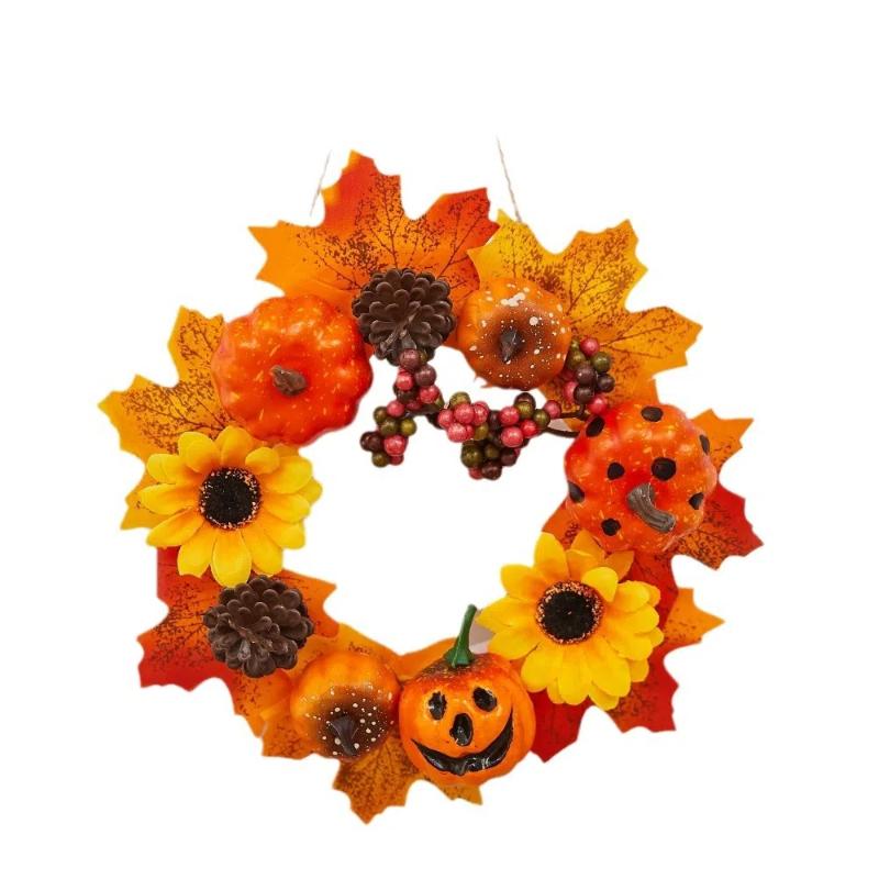 Pumpkin Garland with LED Light Halloween Ghost Festival Decoration Maple Leaf Accented Wall Hanging for Scene Layout Door