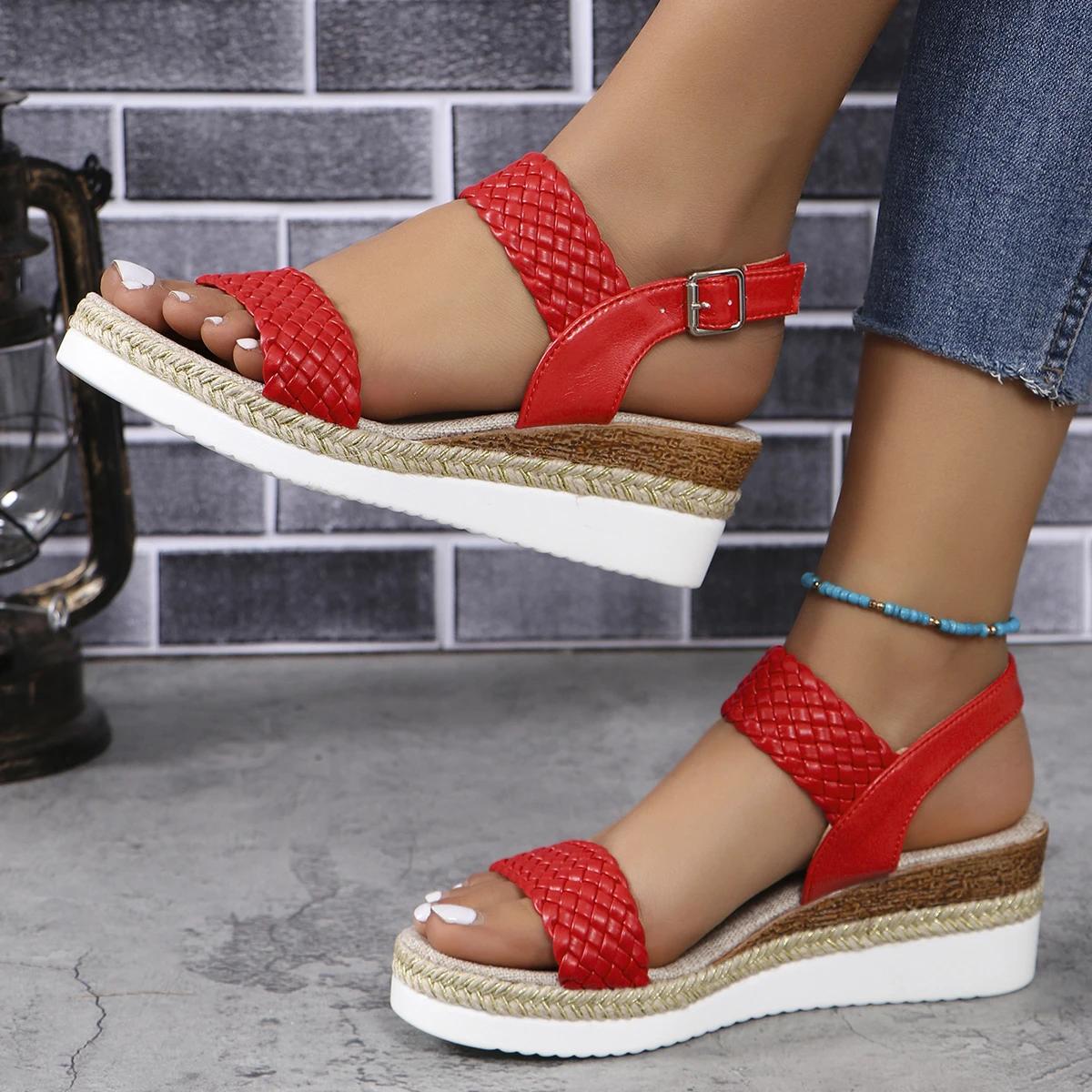 

Fashion Women s Toe Wedge Summer Buckle Strap Gladiator Shoes Fashion Espadrilles Platform Sandalias Trend Anti-slip Wear Comfortable 36 красный