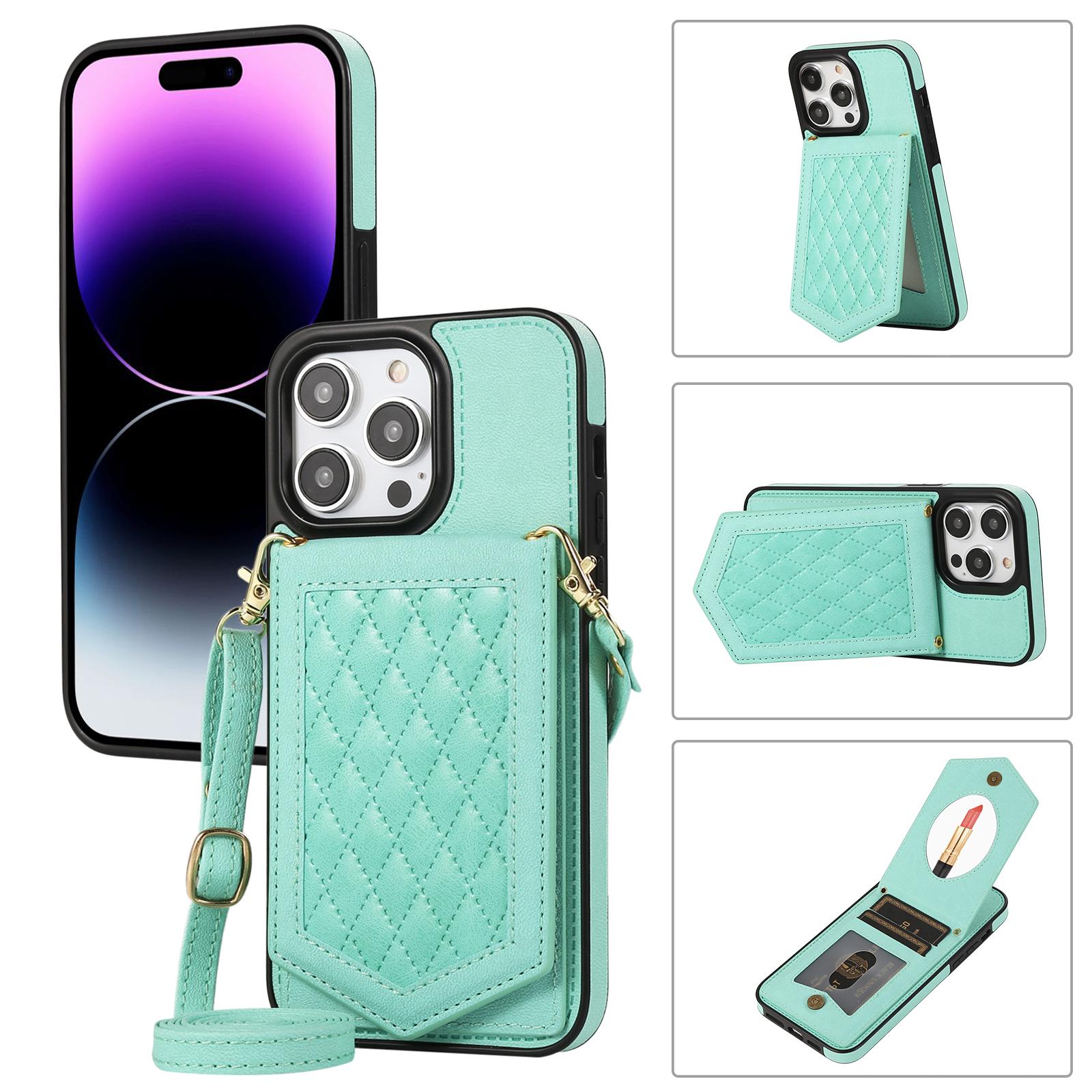 

For iPhone 16 Pro Max Case RFID Blocking Hidden Mirror TPU+PU Phone Cover Mint Green