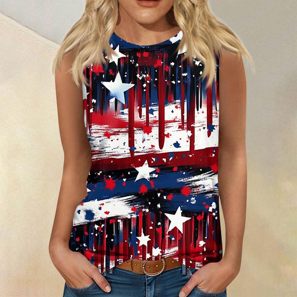 Women's Fashion Casual T-Shirt Round Neck Sleeveless Independence Day Printed Vest Top