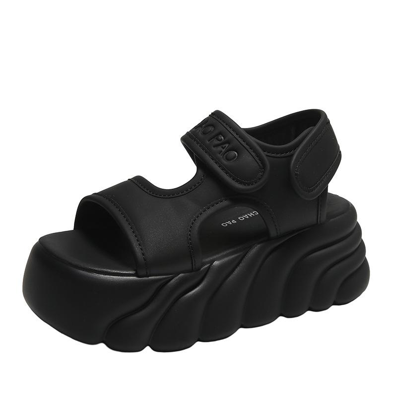 

Leather muffin platform sandals women s 2025 new summer wear fashion sense of high-end small people show height 39 чёрный