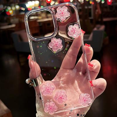 Jolie Fleur Rose Cerisier 3D Bling Paillettes Coque de Téléphone Pour iPhone 17 Pro Max Air 16 15 13 12 11 14 Plus Coque Arrière Transparente
