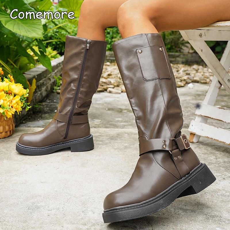 Chunky Platform Boots for Women 2025 Autumn Winter Knee High Boots Woman Fashion Belt Buckle PU Leather Long Botas Mujer Size36