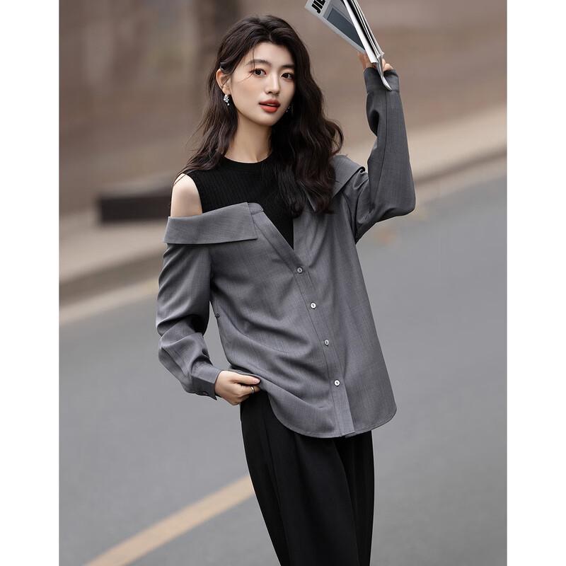 Women's Off-Shoulder Faux Two-Piece Spliced Belted Blouse