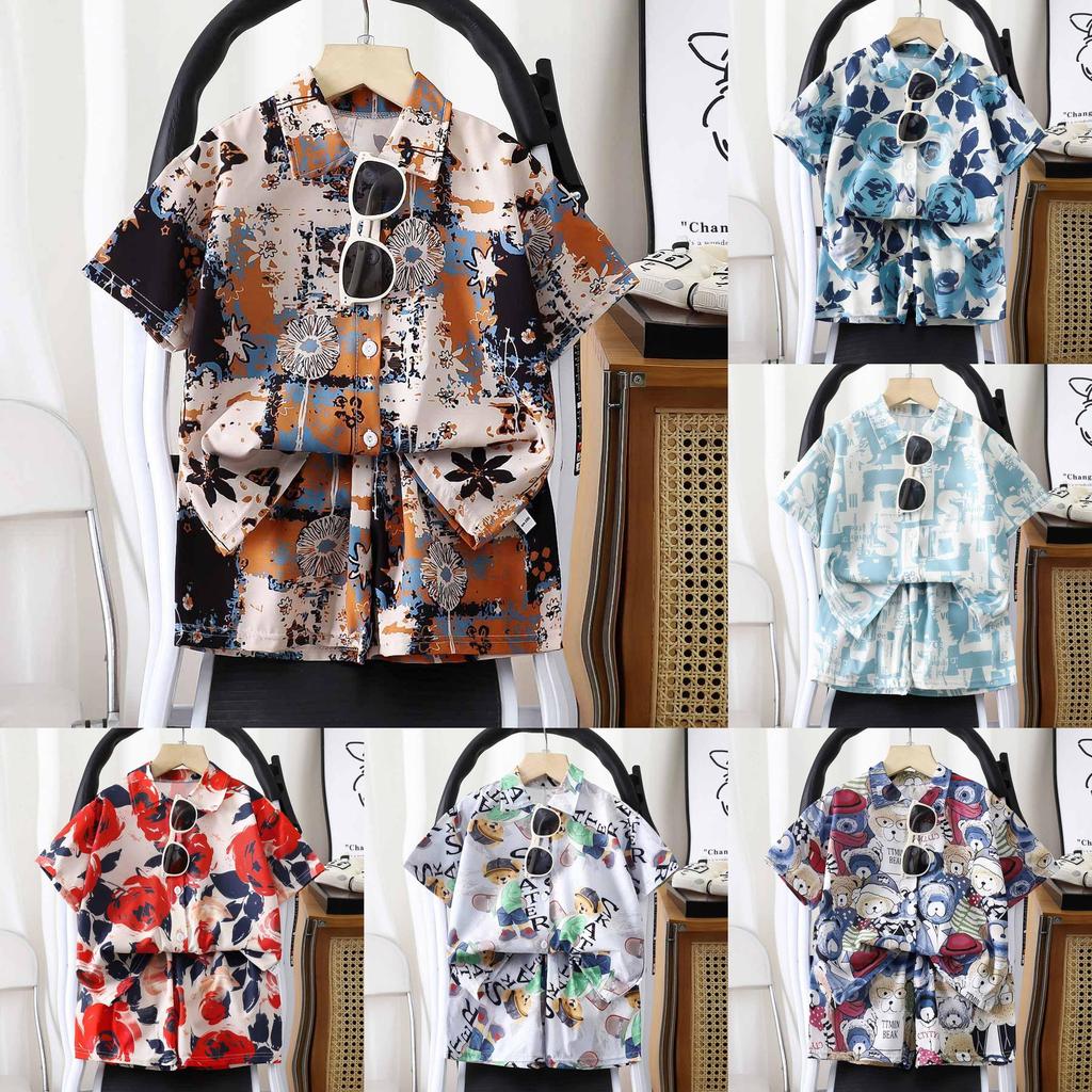 Summer Kids Cotton Blend Floral Shirt Shorts Set For Boys And Girls