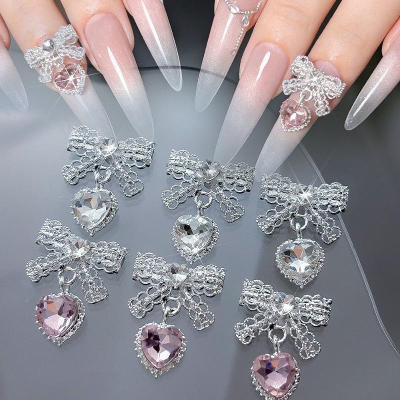 Nail Art Pendant Charms 10Pcs Bow Love Heart Tassel Style Shiny Gems for Home Salon Manicure Decor