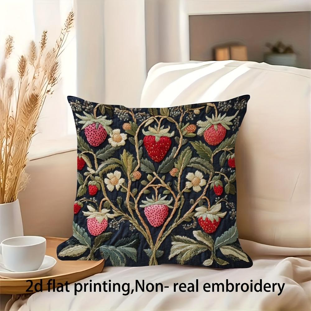William Morris Style Strawberry Vine Print Throw Pillow Cover, Vintage Botanical Floral Decorative Cushion For Sofa Couch