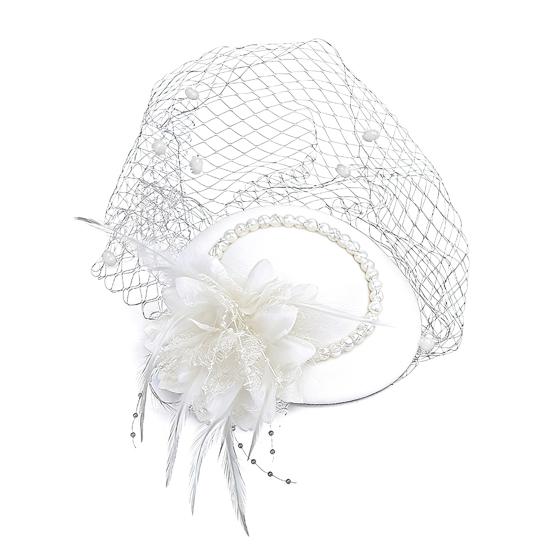 Women Fascinator Hat Feather Mesh Imitation Pearls Decor Pillbox Hat Small Top Hat Daily Party Hair Accessory