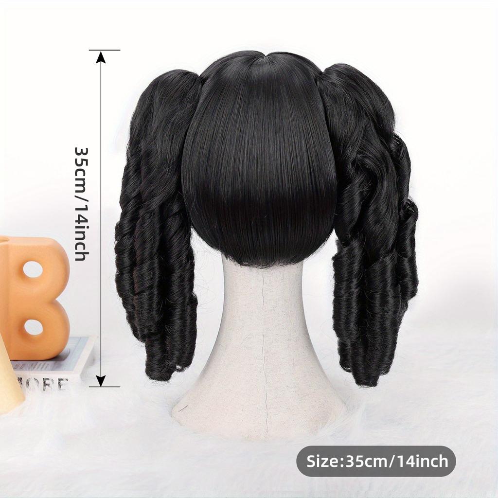 Black Double Braided Ponytail Wig Slant Bangs Spiral Curly Fluffy Layered Glossy Soft Synthetic Cosplay Anime