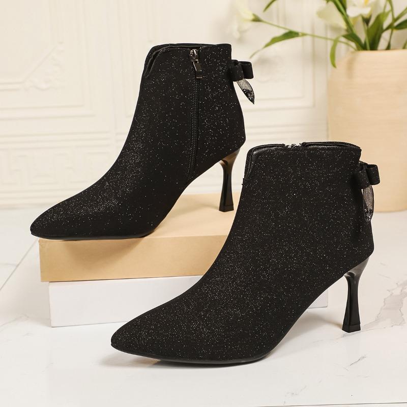 

Модные ботильоны на высоком каблуке с бантом для женщин 2025 Новые ботильоны на тонком каблуке 42 чёрный