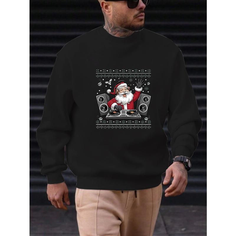 Men'S DJ Santa Claus Pattern Casual Round Neck Sweatshirt 100% Cotton Printed Long-Sleeve Crew Neck Pullover