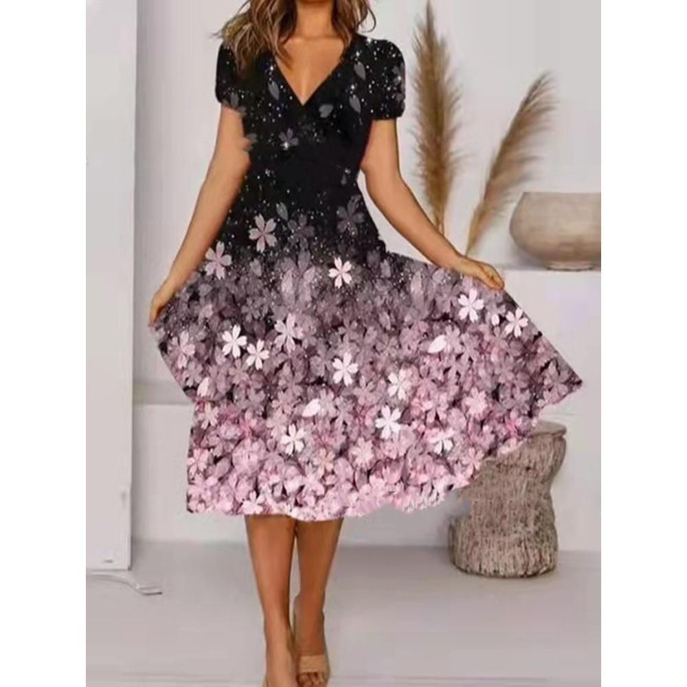 JPNTKY Women's Fashion Summer Spring Floral Print Short Sleeve V-Neck Casual Dresses