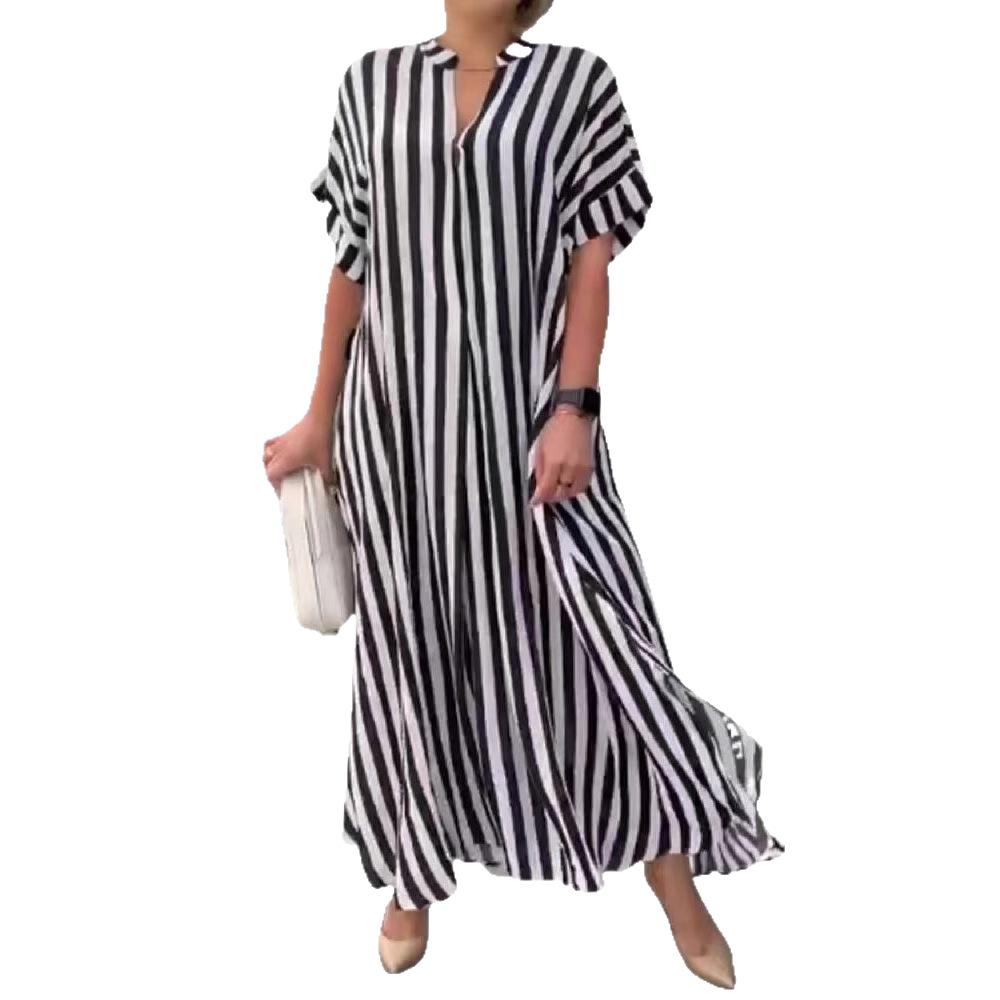 In stock, European and American women's clothing fashion trend split-ended loose casual striped dress